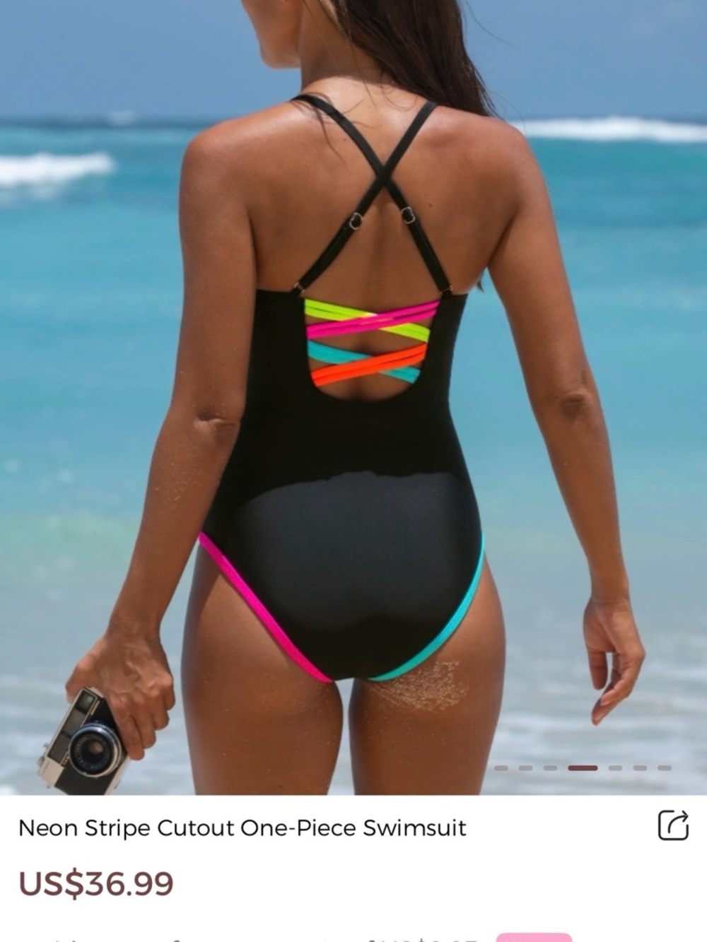 NWT Neon Stripe Cutout One-Piece Swimsuit - Black with Neon Accents - Picture 2 of 5